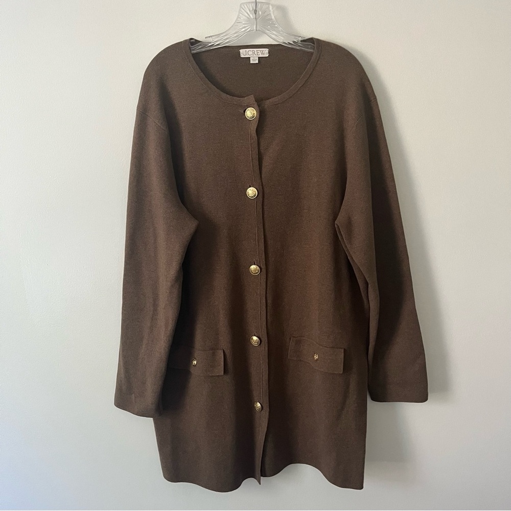 J Crew Giselle Long Sweater Blazer Brown Gold Buttons Old Money Preppy Large - Picture 2 of 10